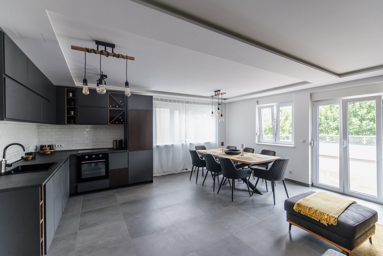 Contemporary modular kitchen and architectural dining cove ceiling